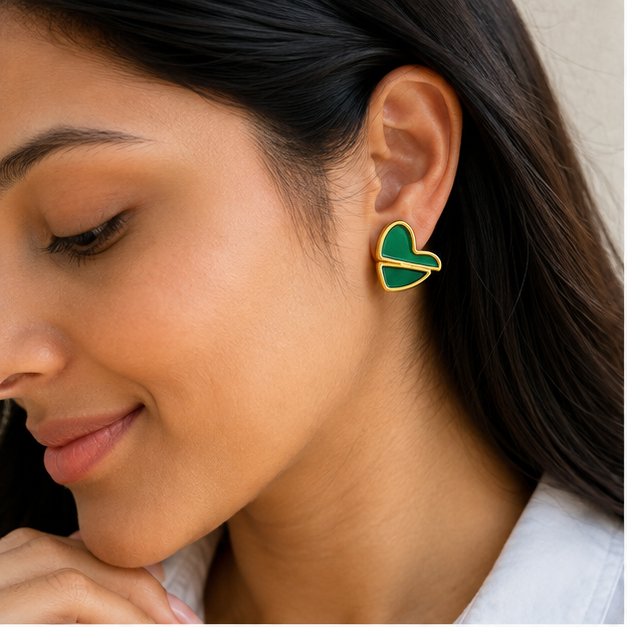 Ivory Split Heart Stud Earrings (Green)