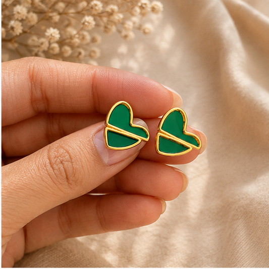 Ivory Split Heart Stud Earrings (Green)