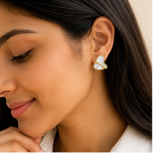 Ivory Split Heart Stud Earrings (White)