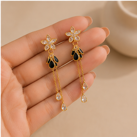 Black Enamel Floral Crystal Earrings