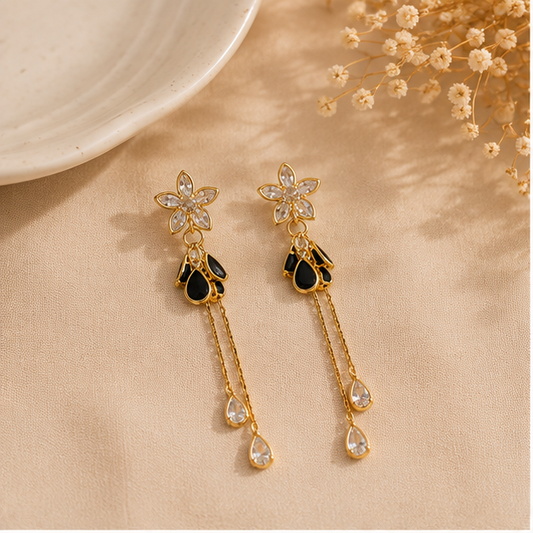 Black Enamel Floral Crystal Earrings