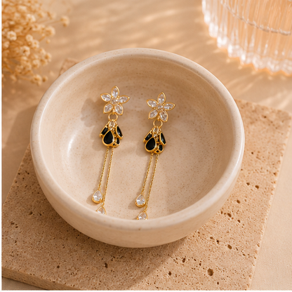Black Enamel Floral Crystal Earrings