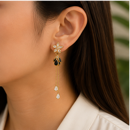 Black Enamel Floral Crystal Earrings