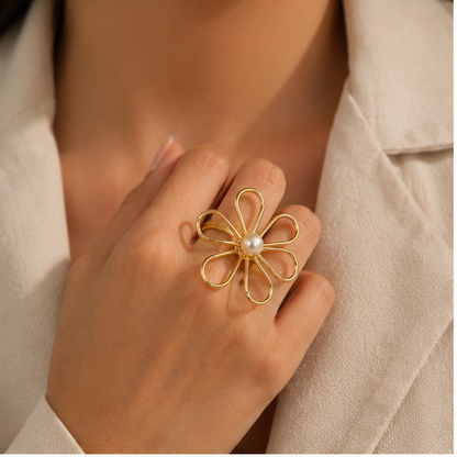 Flower Pearl Adjustable Ring