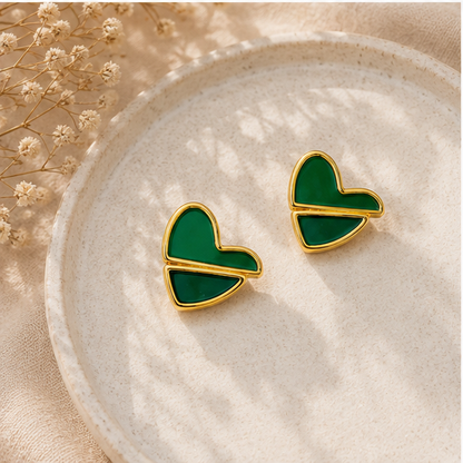 Ivory Split Heart Stud Earrings (Green)