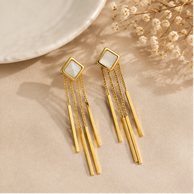 White Square Bar Fringe Earrings