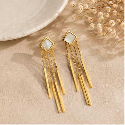 White Square Bar Fringe Earrings