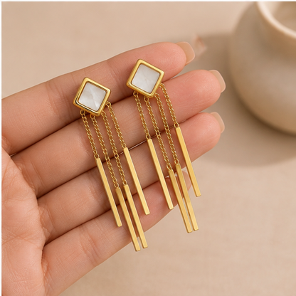 White Square Bar Fringe Earrings