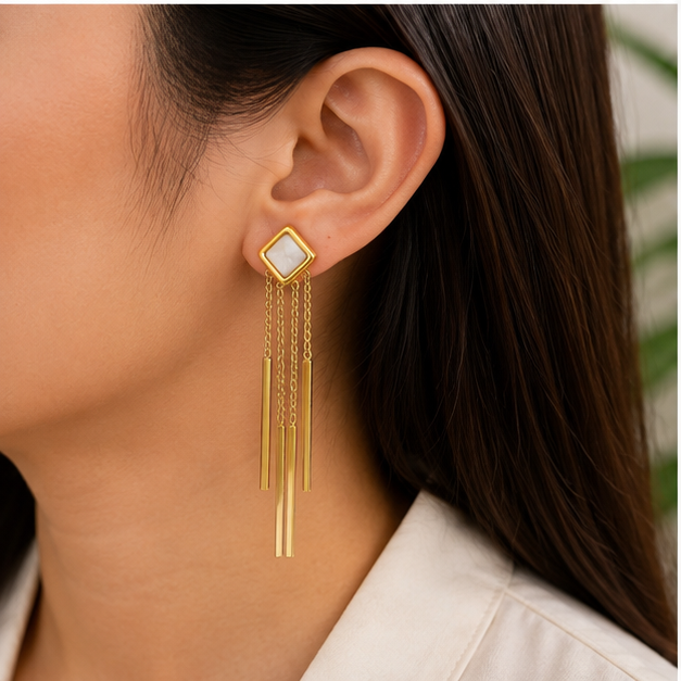 White Square Bar Fringe Earrings