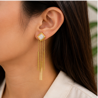 White Square Bar Fringe Earrings